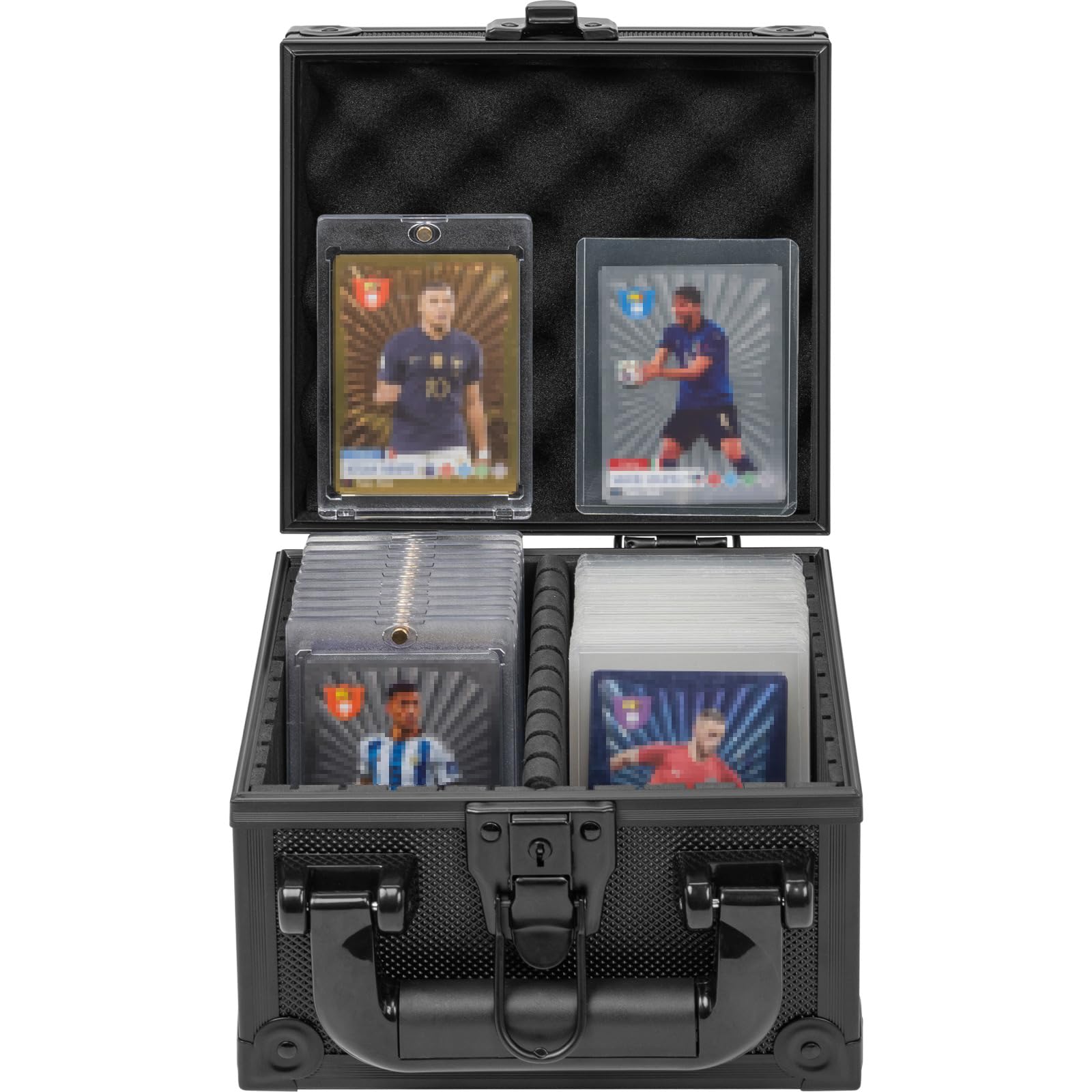 OUUTMEE Toploader storage box exterior shows premium black aluminum shell for durable protection.