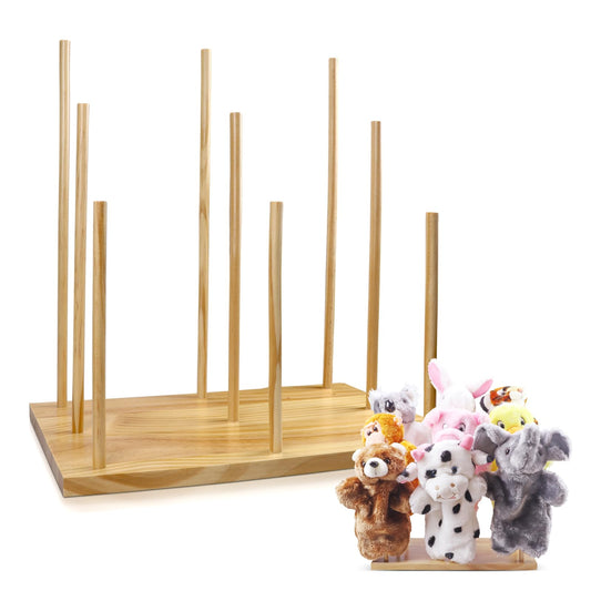 Ouvibor wooden puppet stand front view, showcasing sturdy design for organized puppet play.