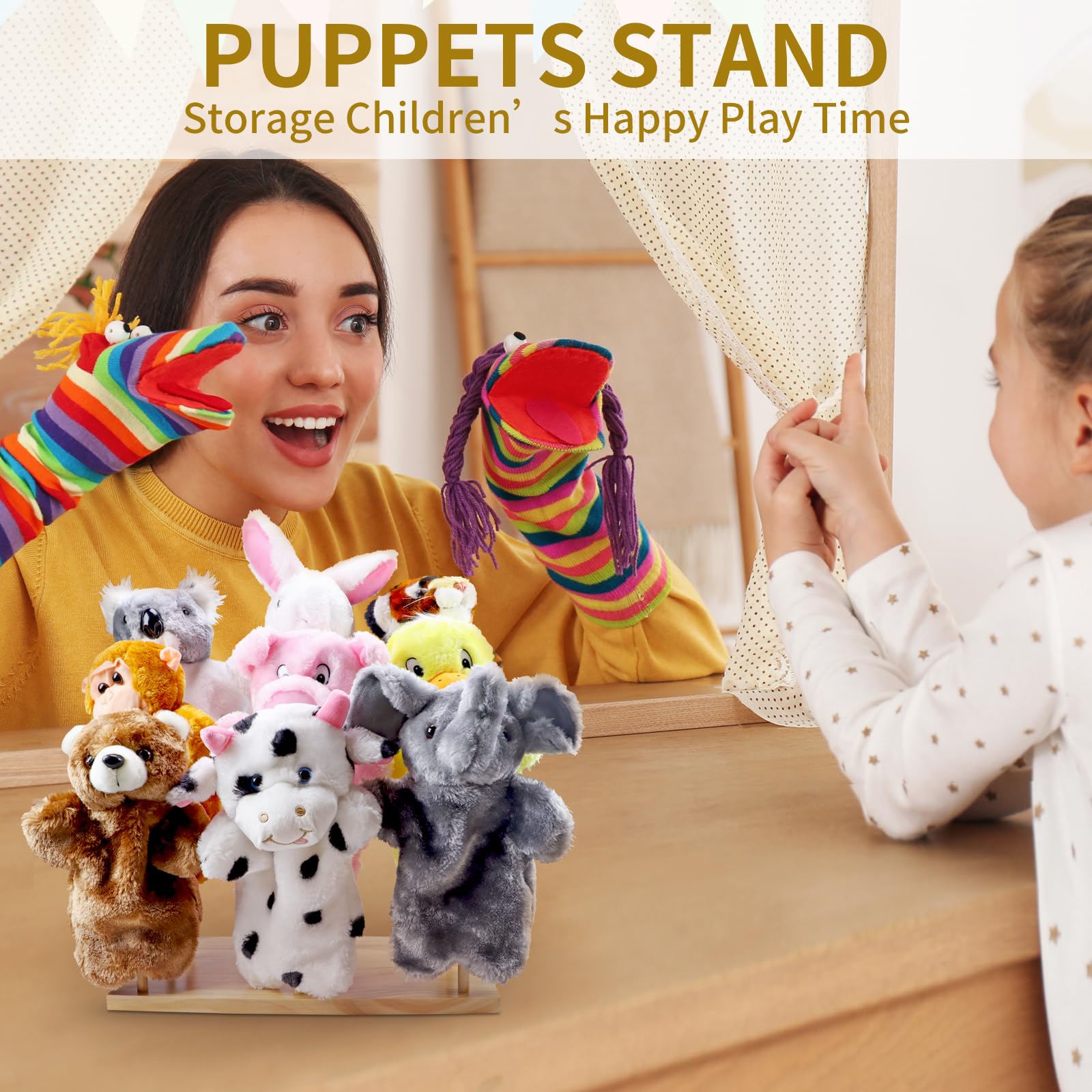 Ouvibor wooden puppet stand side view highlights compact footprint for easy shelf placement.