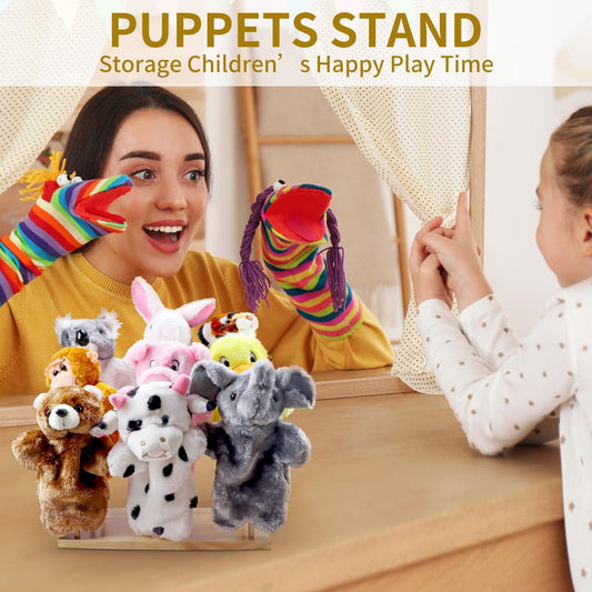 Ouvibor wooden puppet stand side view highlights compact footprint for easy shelf placement.