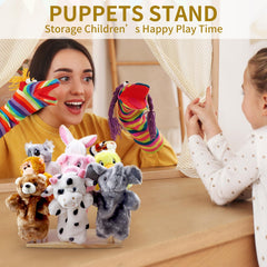 Ouvibor wooden puppet stand side view highlights compact footprint for easy shelf placement.