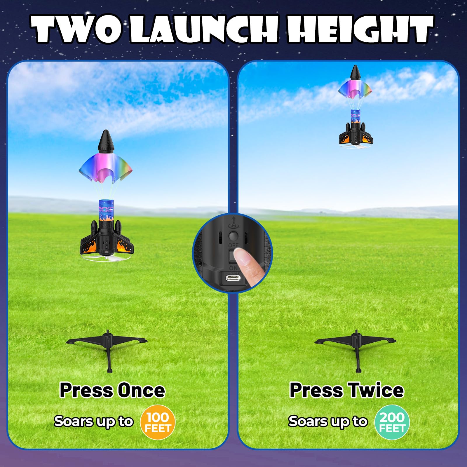 Ovaasy Rocket Launcher LED lights help tracking during flights.