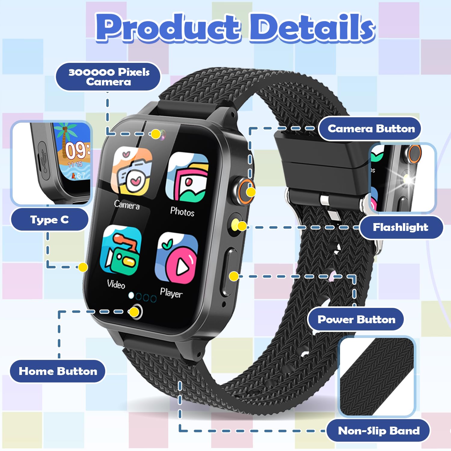 OVV Kids Smart Watch 1.5-inch touchscreen offers simple navigation for kids.