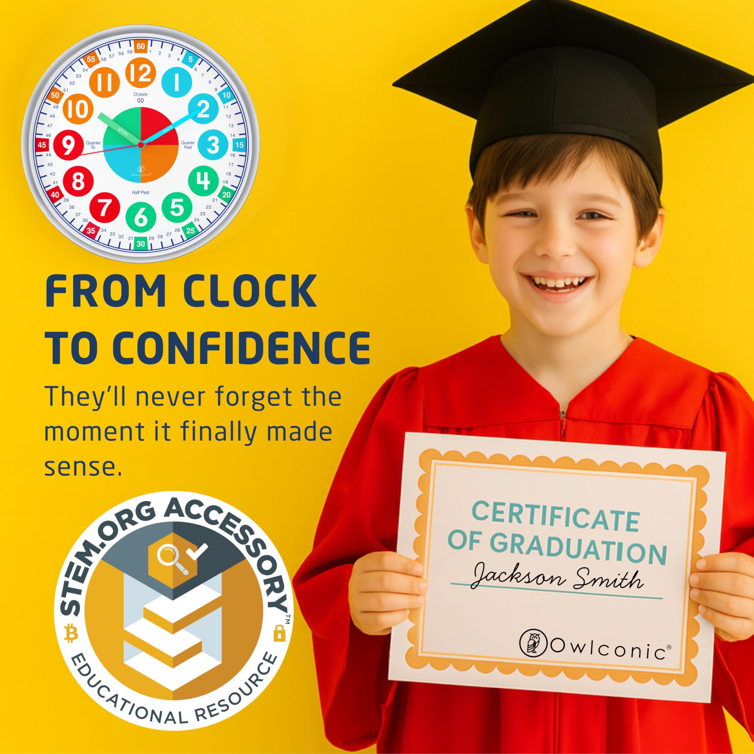 OWLCONIC Kids Clock downloadable workbook supports extra practice at home.