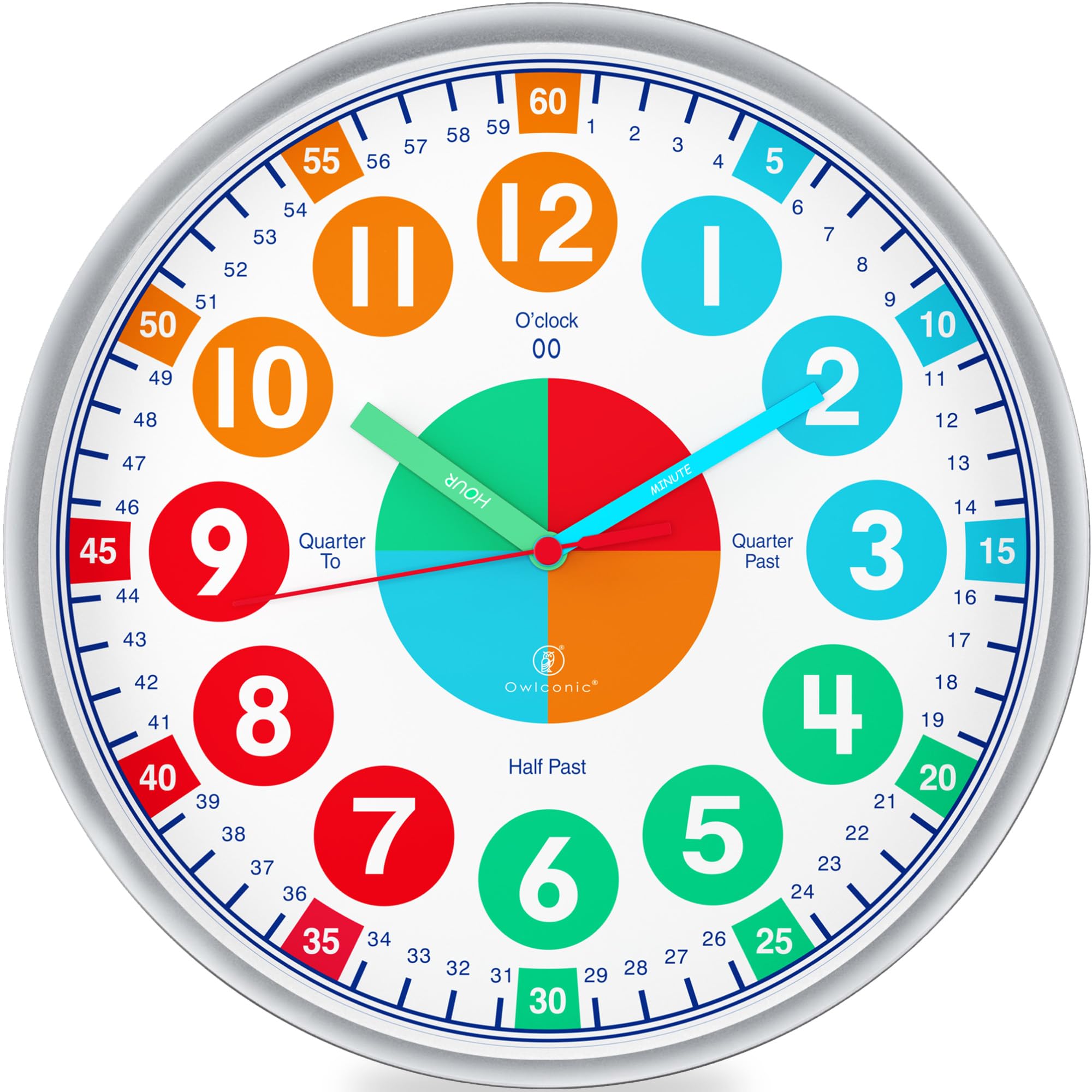 OWLCONIC Kids Clock front view in pastel colors supports classroom time-telling.