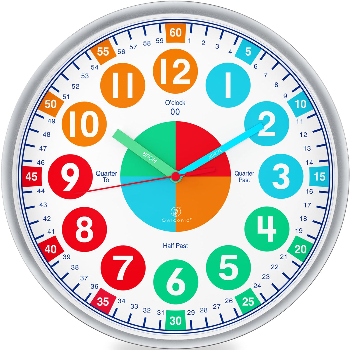 OWLCONIC Kids Clock front view in pastel colors supports classroom time-telling.