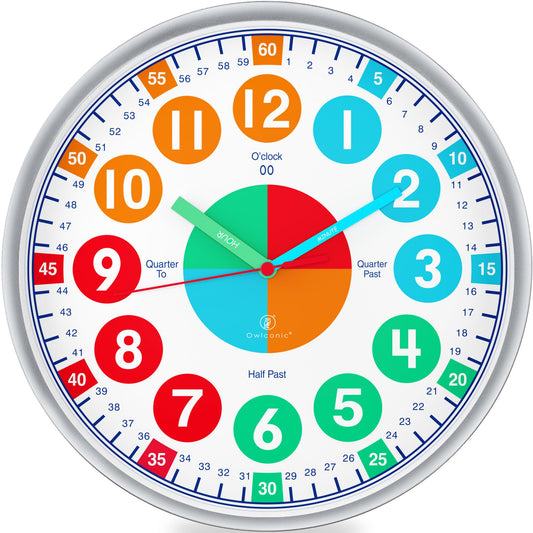 OWLCONIC Kids Clock front view in pastel colors supports classroom time-telling.