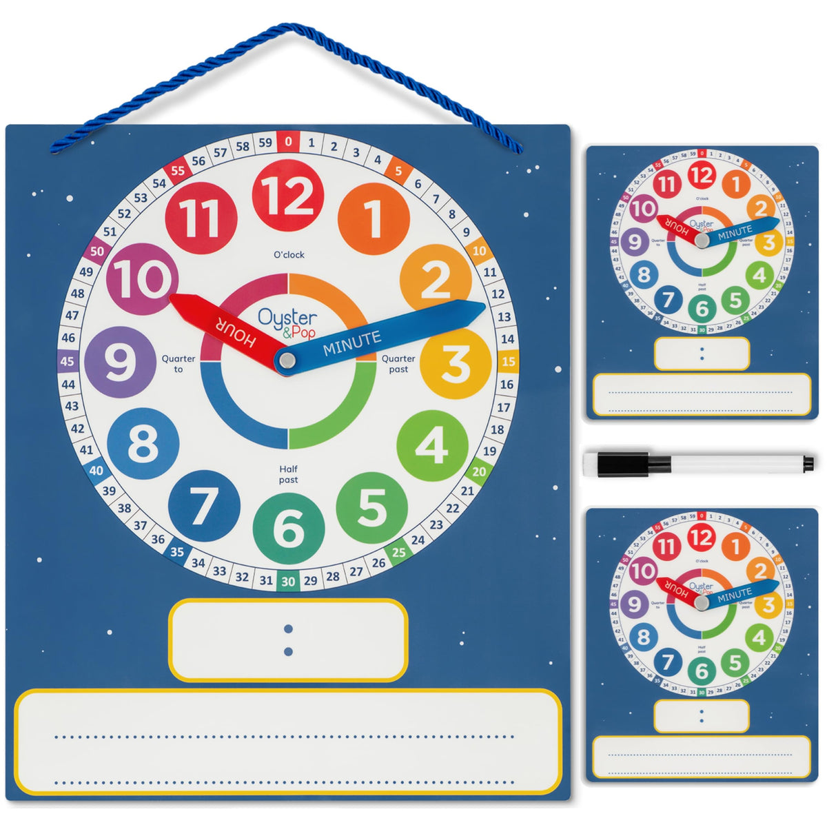 Oyster&Pop 3-pack dry erase clocks kit for collaborative classroom time lessons.