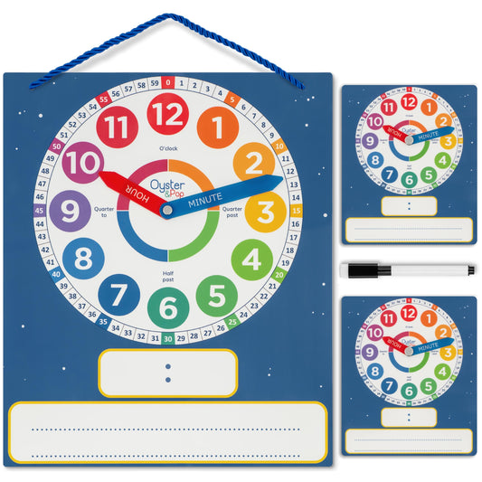 Oyster&Pop 3-pack dry erase clocks kit for collaborative classroom time lessons.