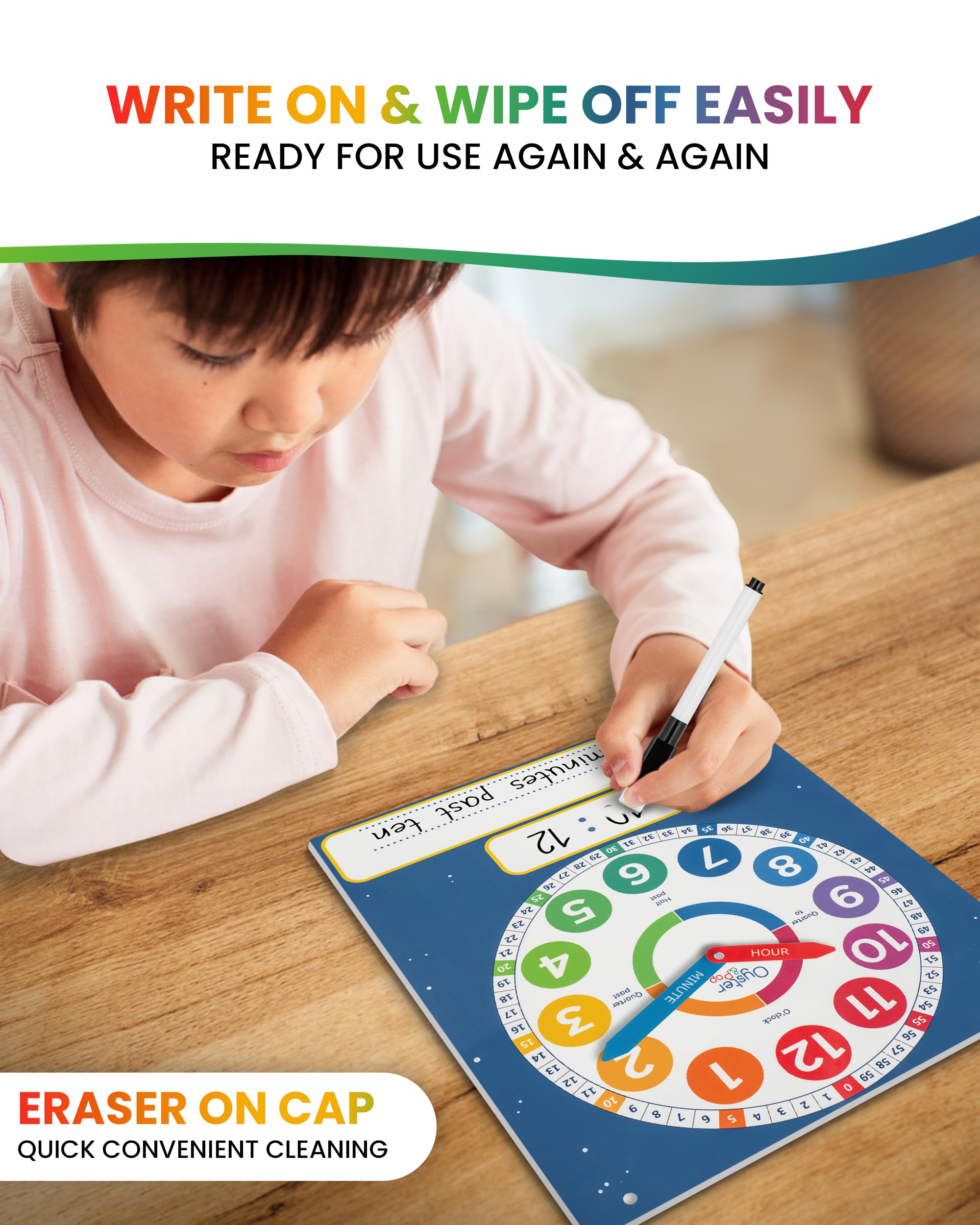 Oyster&Pop color-coded hands reduce confusion during time practice.