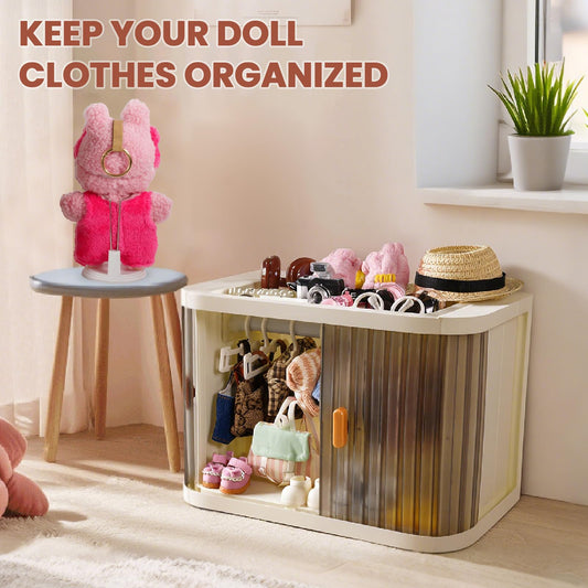Oythyg foldable wardrobe open with hangers ready to dress dolls.