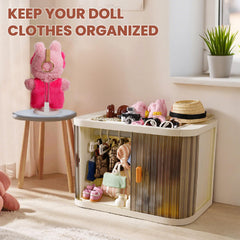 Oythyg foldable wardrobe open with hangers ready to dress dolls.