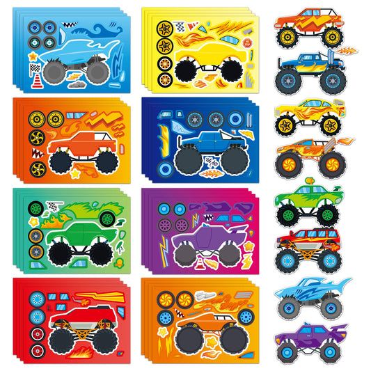 Ozepao Monster Trucks sticker designs showcase bold colors for kids' crafts