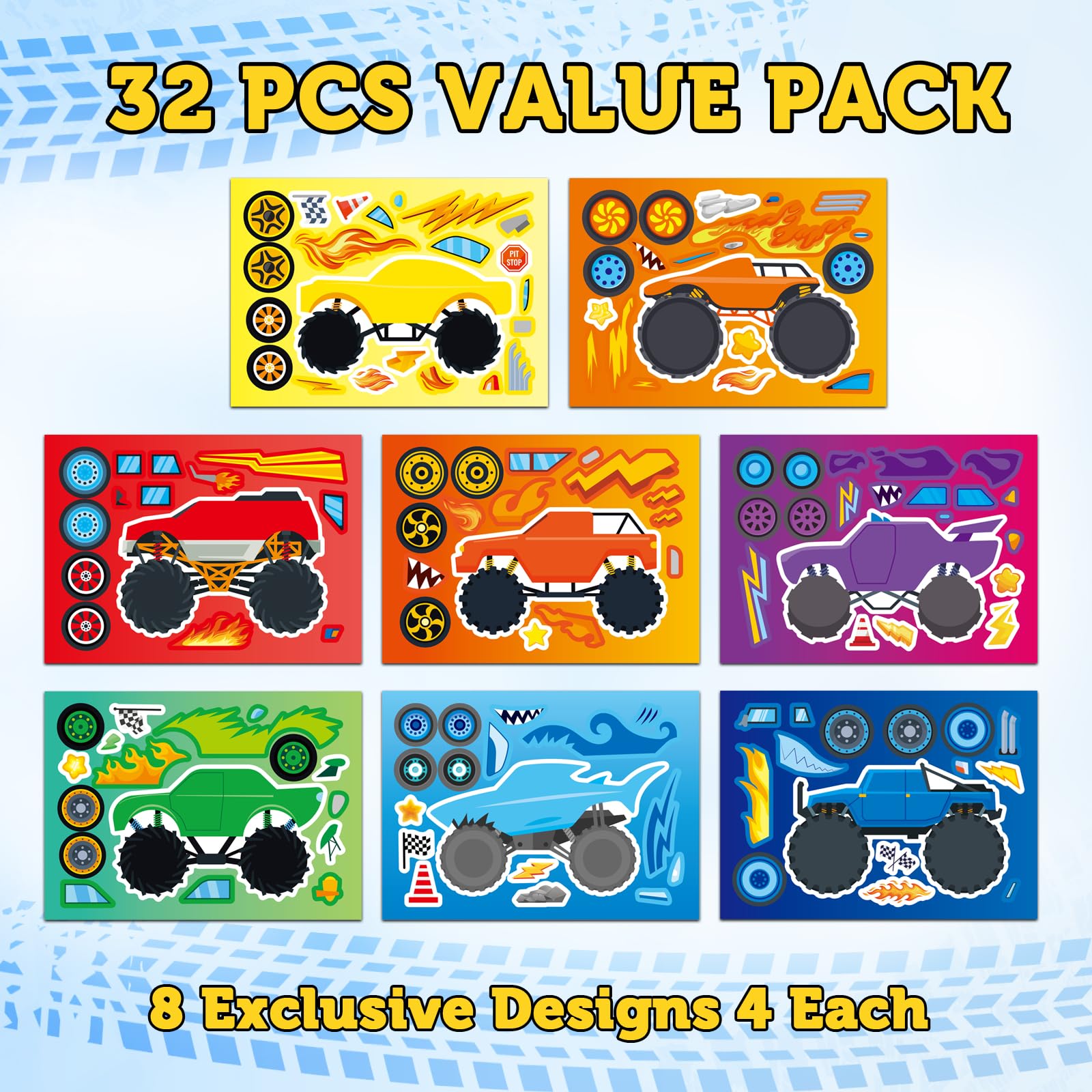 Ozepao Monster Trucks sticker wheels and flames for vibrant party decor