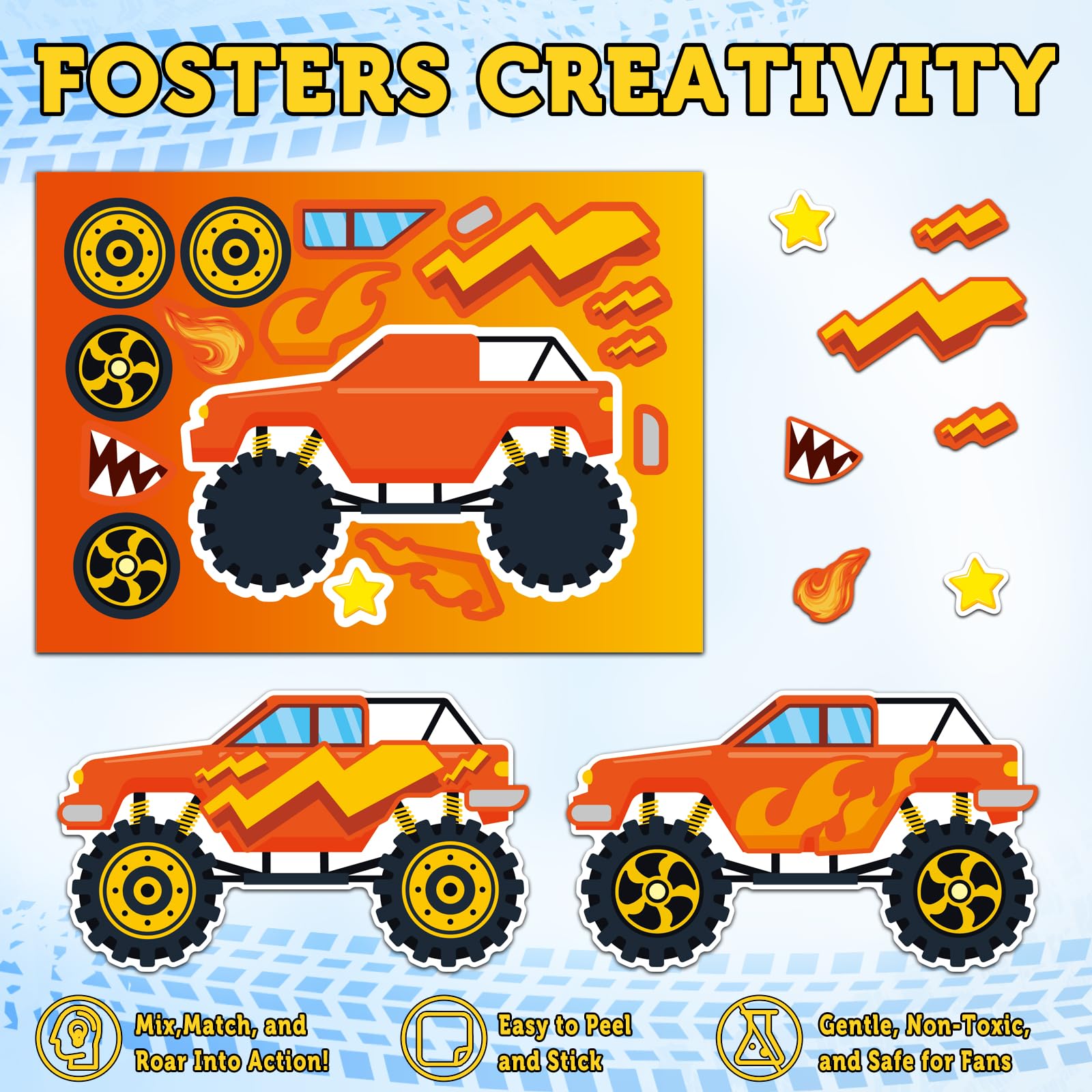 Ozepao Monster Trucks sticker windows and flags add dynamic visuals