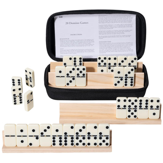 OZFRHO dominoes set with wooden racks ready for family game night on a table