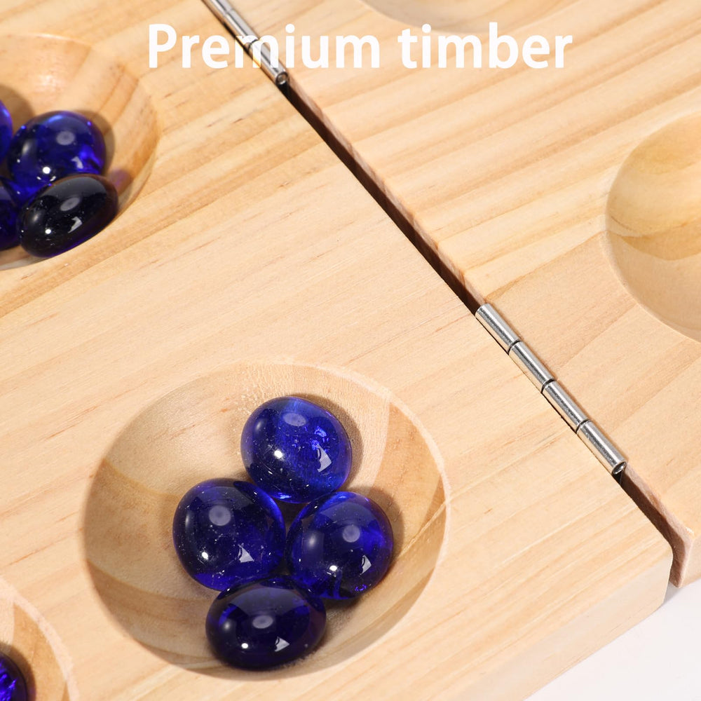 OZFRHO folding Mancala board opened for easy travel setup.