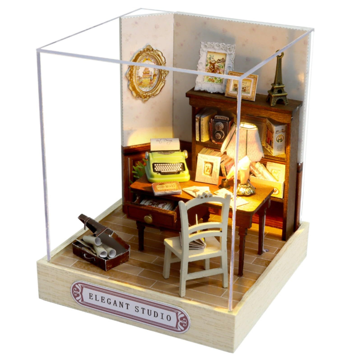 OZJAY DIY miniature house with dust-proof cover for clean display.