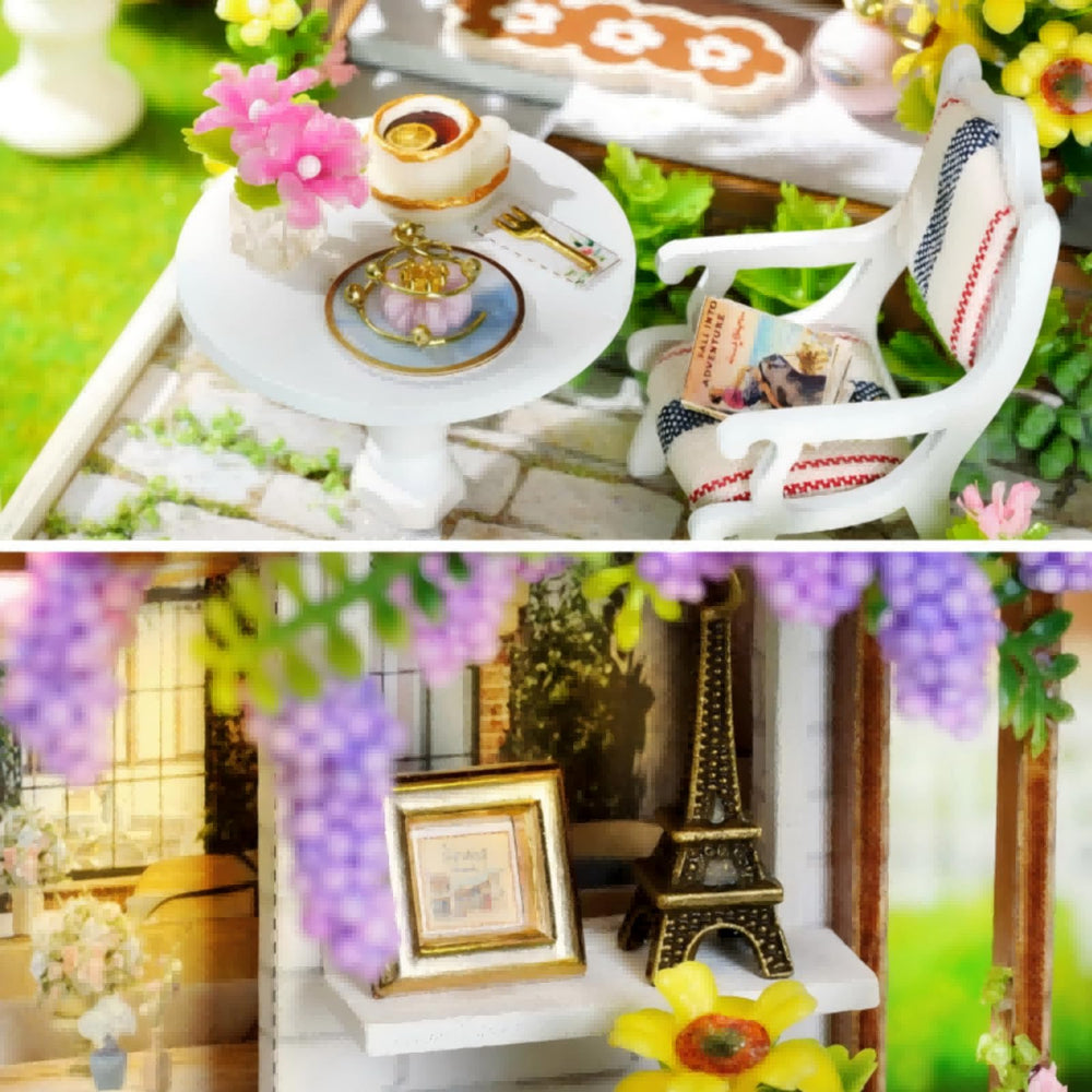 OZJAY DIY miniature room kit during assembly with tiny furniture visible