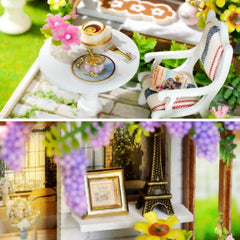OZJAY DIY miniature room kit during assembly with tiny furniture visible