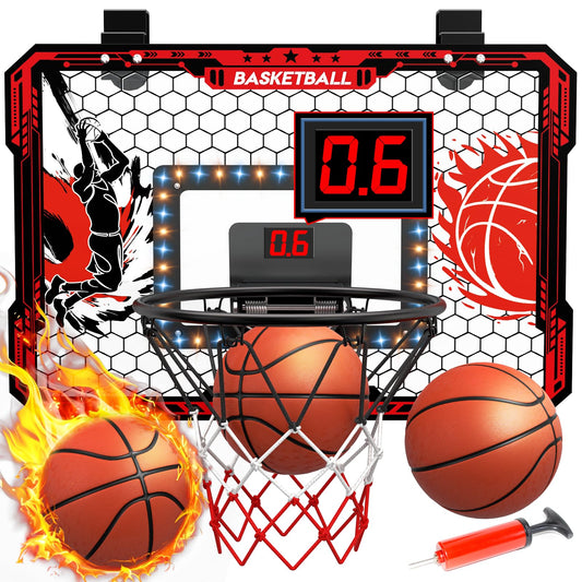 OZMI over-the-door basketball hoop with LED scoreboard for engaging home play.