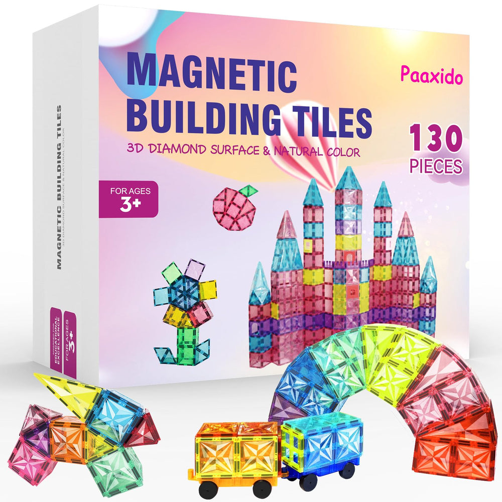 Paaxido 130PCS magnetic tiles with two cars enable creative STEM play.