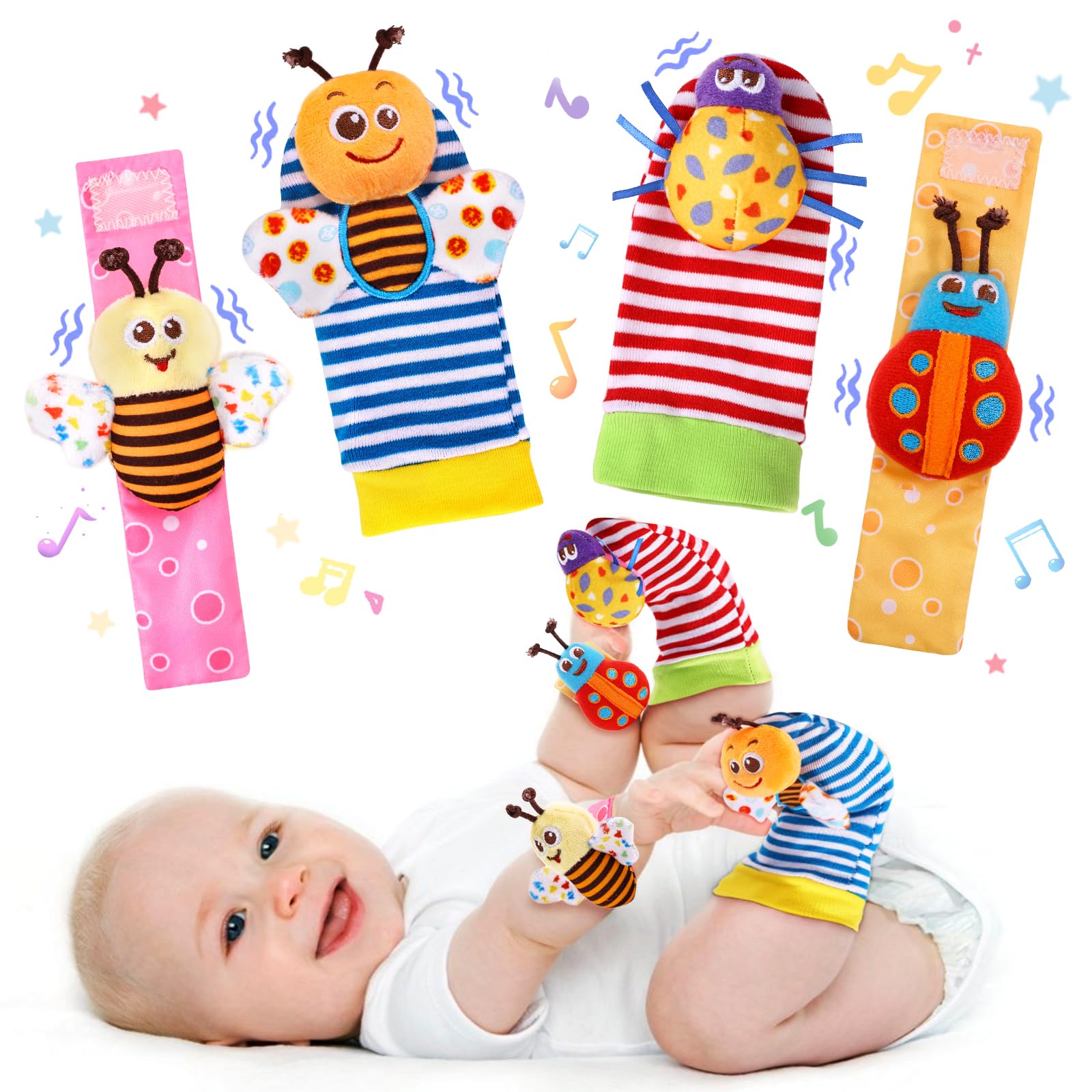 PADONISE wrist rattle socks with bee theme promote sensory play