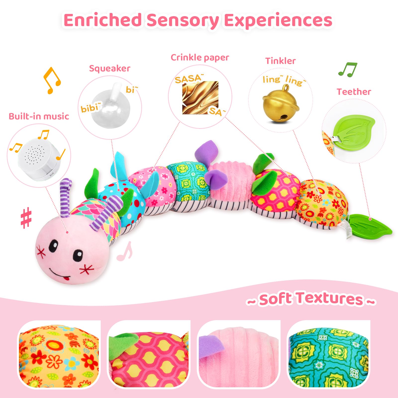 Padonise rattle teether caterpillar—multisensory textures aid teething and exploration.