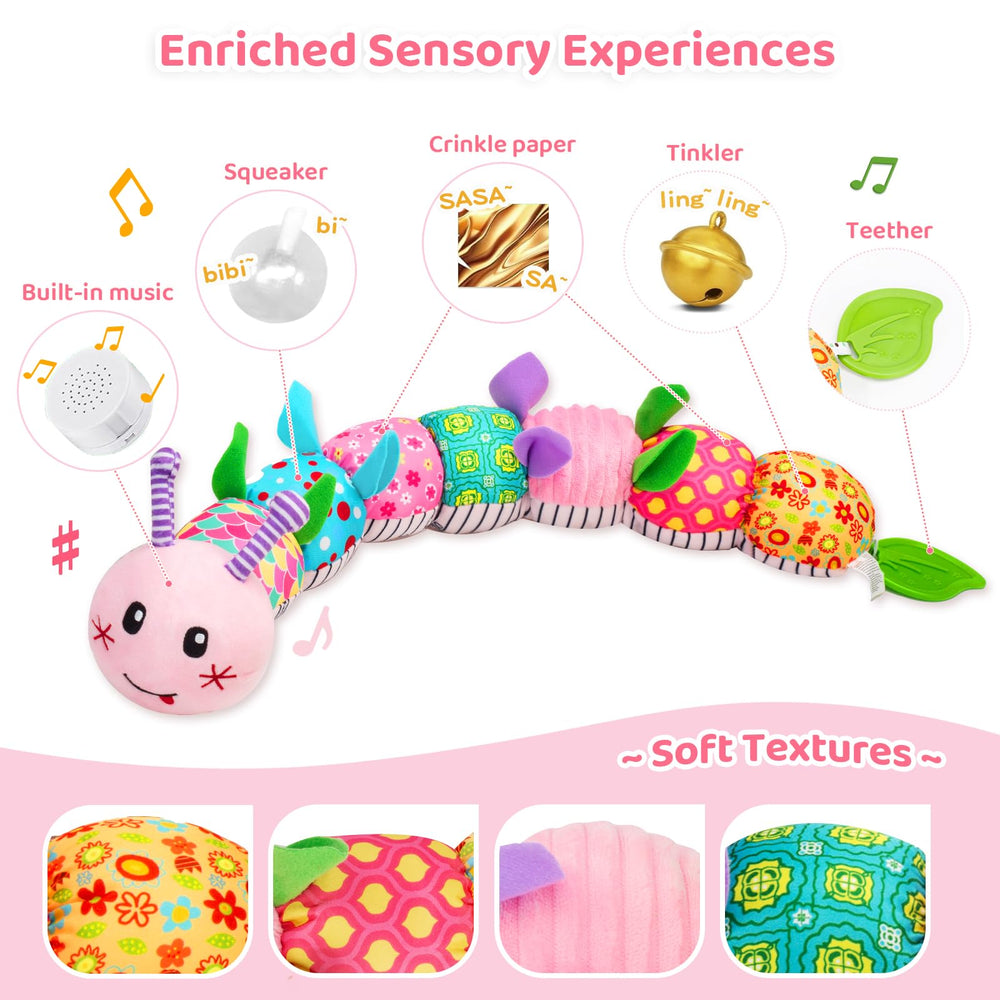 Padonise rattle teether caterpillar—multisensory textures aid teething and exploration.