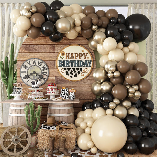 Paayeq brown and black balloon arch kit overview for Western party decor and easy setup