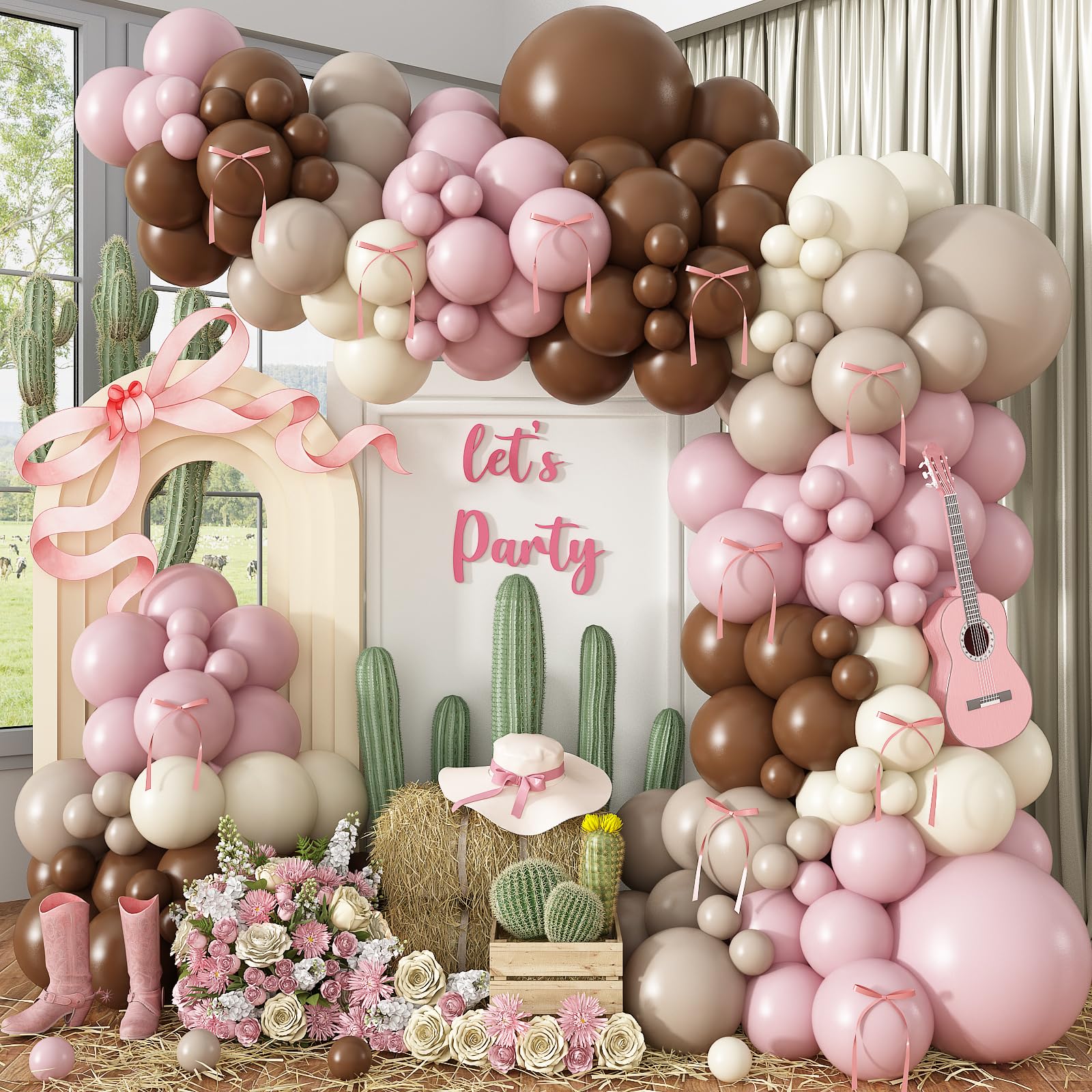 Paayeq pink brown cowgirl balloon arch kit creates a chic boho backdrop.