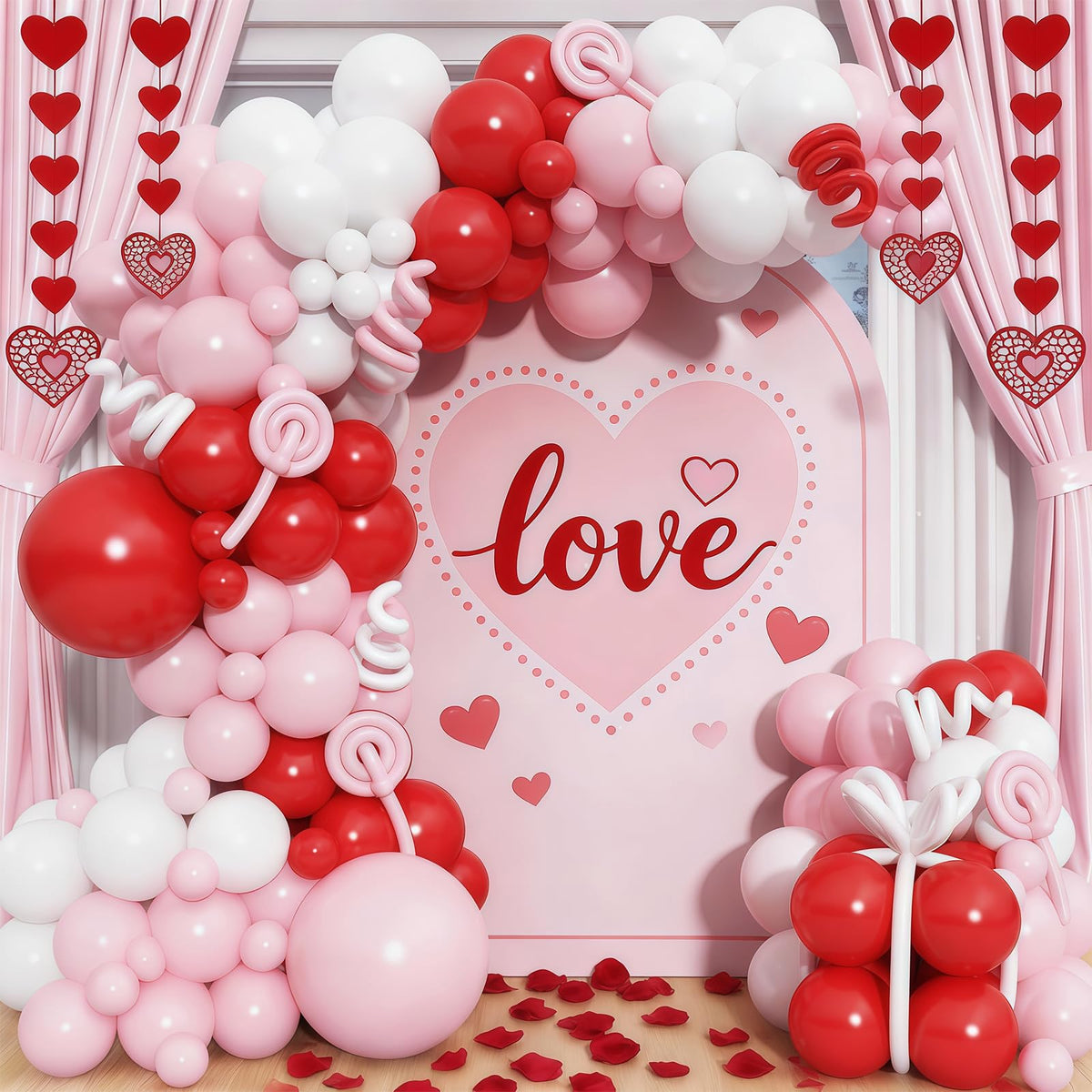 Paeyeq Valentines arch kit features red, pink and white balloons for romantic décor ideas