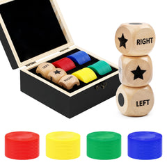 Pagather Fun Left Right Roll dice set stored in a wooden box for elegant storage and travel.