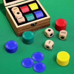 Pagather Fun Left Right Roll set opened, organized components ready for play.