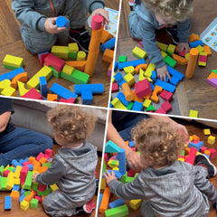 Pairez Toys foam blocks stacked to build colorful houses and castles.