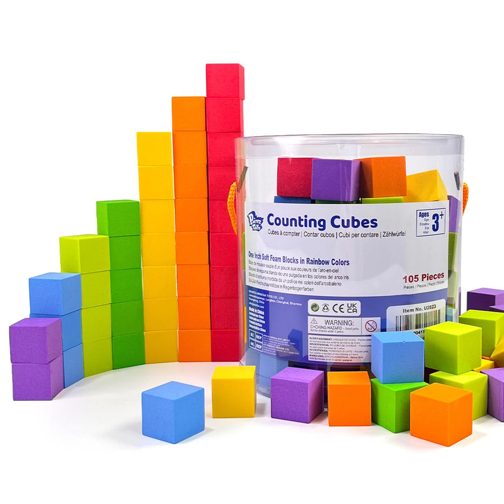 Pairez Toys foam counting blocks in rainbow colors for 105-piece play and learning.