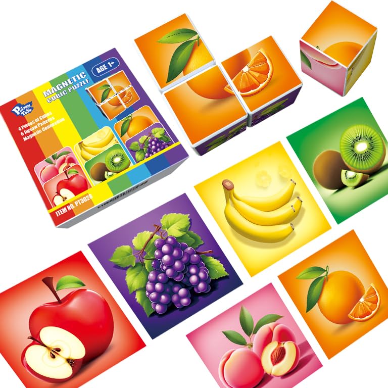 Pairez Toys fruit magnet blocks assembled into six patterns for creative play.