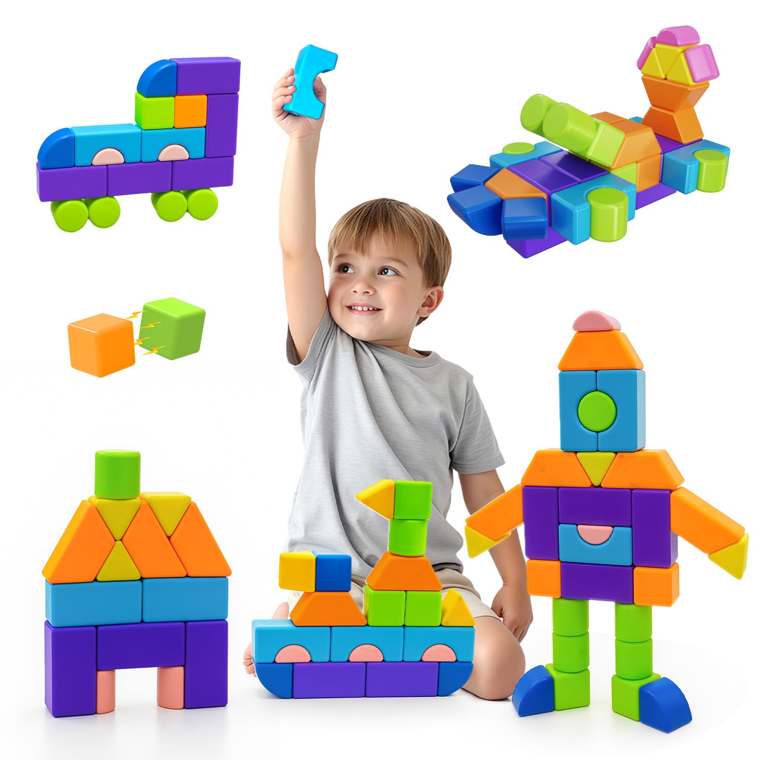 Pairez Toys magnetic building blocks-37pcs arranged in a tower to boost fine motor skills.