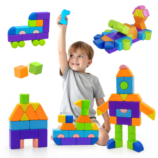 Pairez Toys magnetic building blocks-37pcs arranged in a tower to boost fine motor skills.