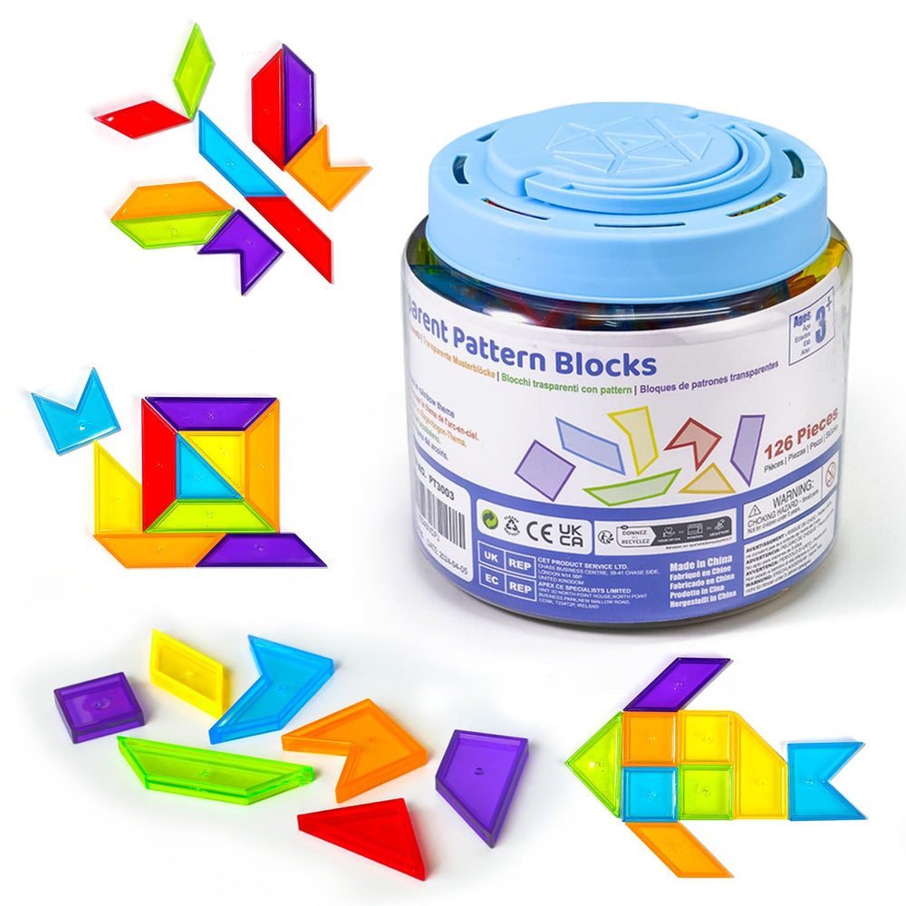 Pairez Toys transparent pattern blocks for color and geometry exploration.