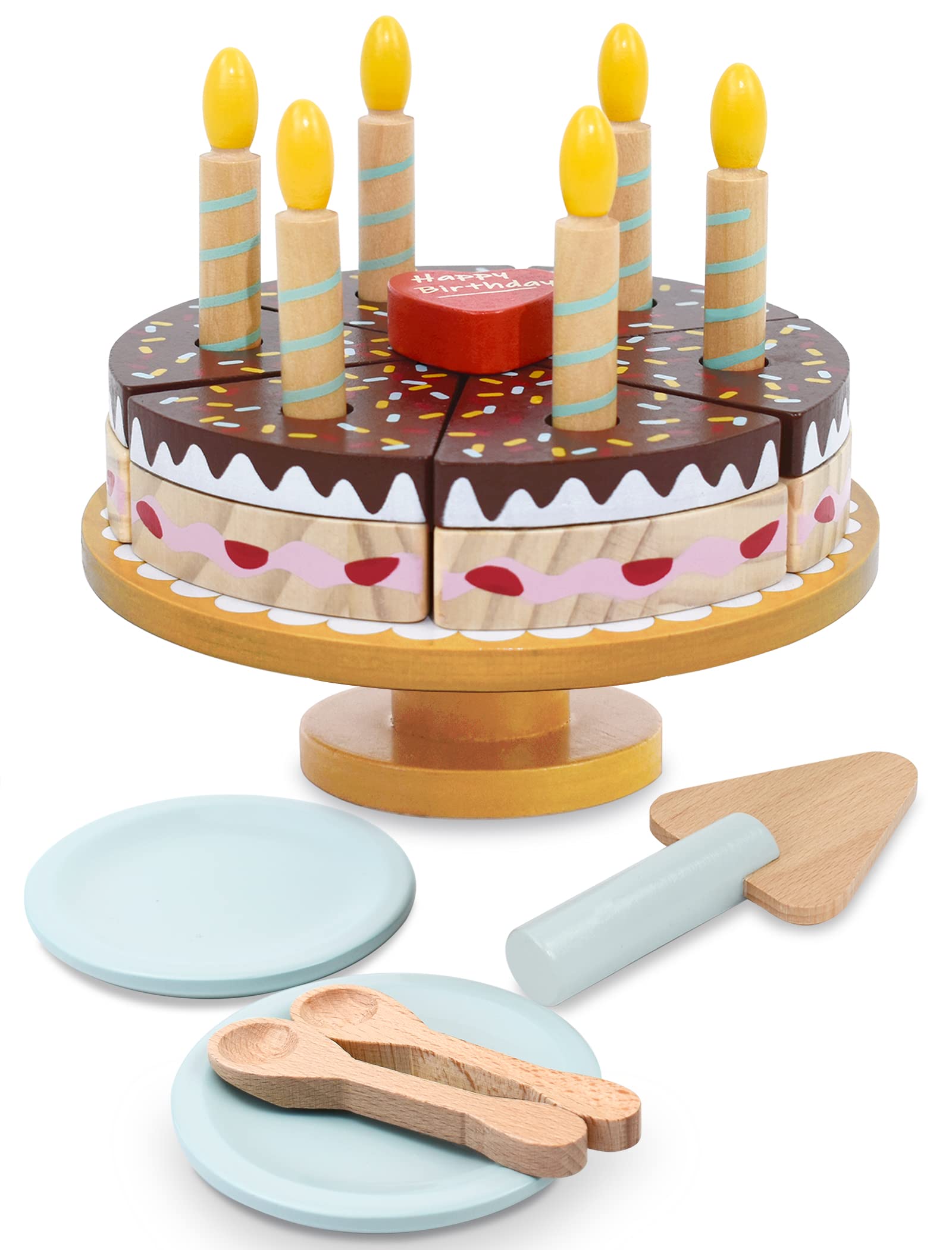 PairPear wooden cake playset with stand enhances pretend birthday celebrations.