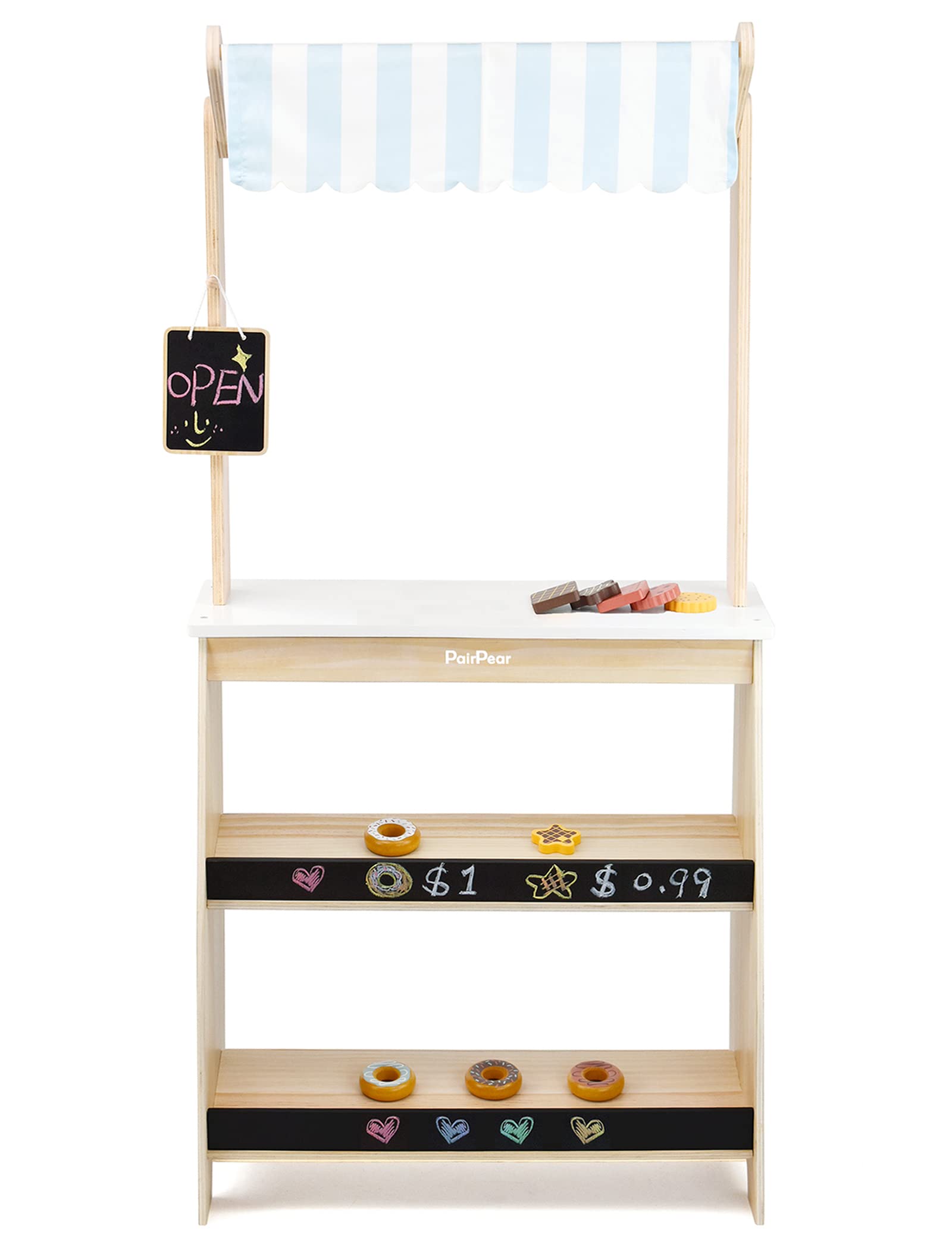 PairPear grocery store pretend play set featuring natural wood finish for imaginative shopping play