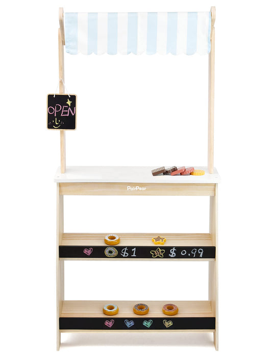 PairPear grocery store pretend play set featuring natural wood finish for imaginative shopping play