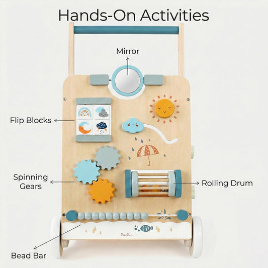 PairPear walker gears spin to support fine motor play during sit to stand.