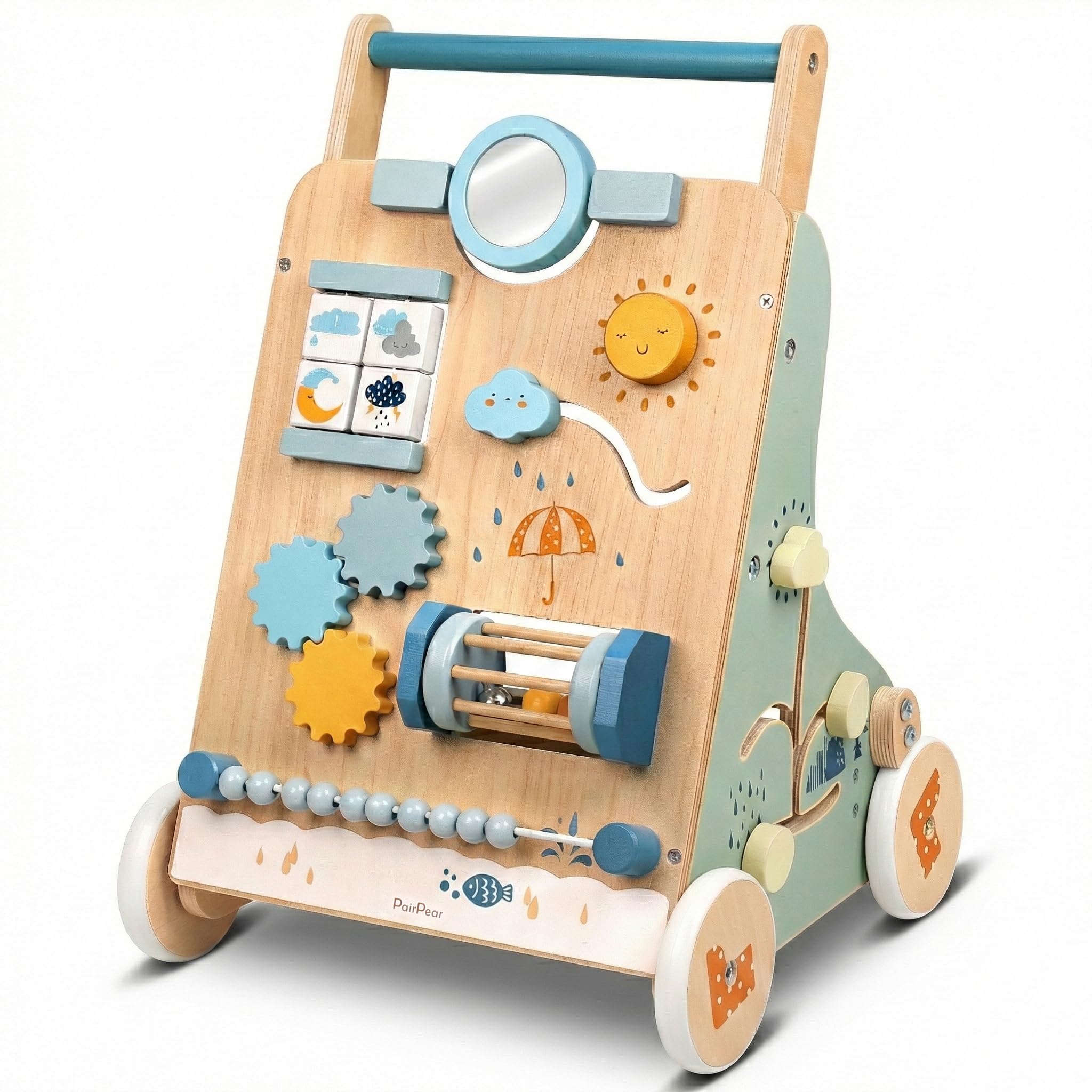 PairPear wooden activity walker with mirror sparks sensory exploration for early walkers.