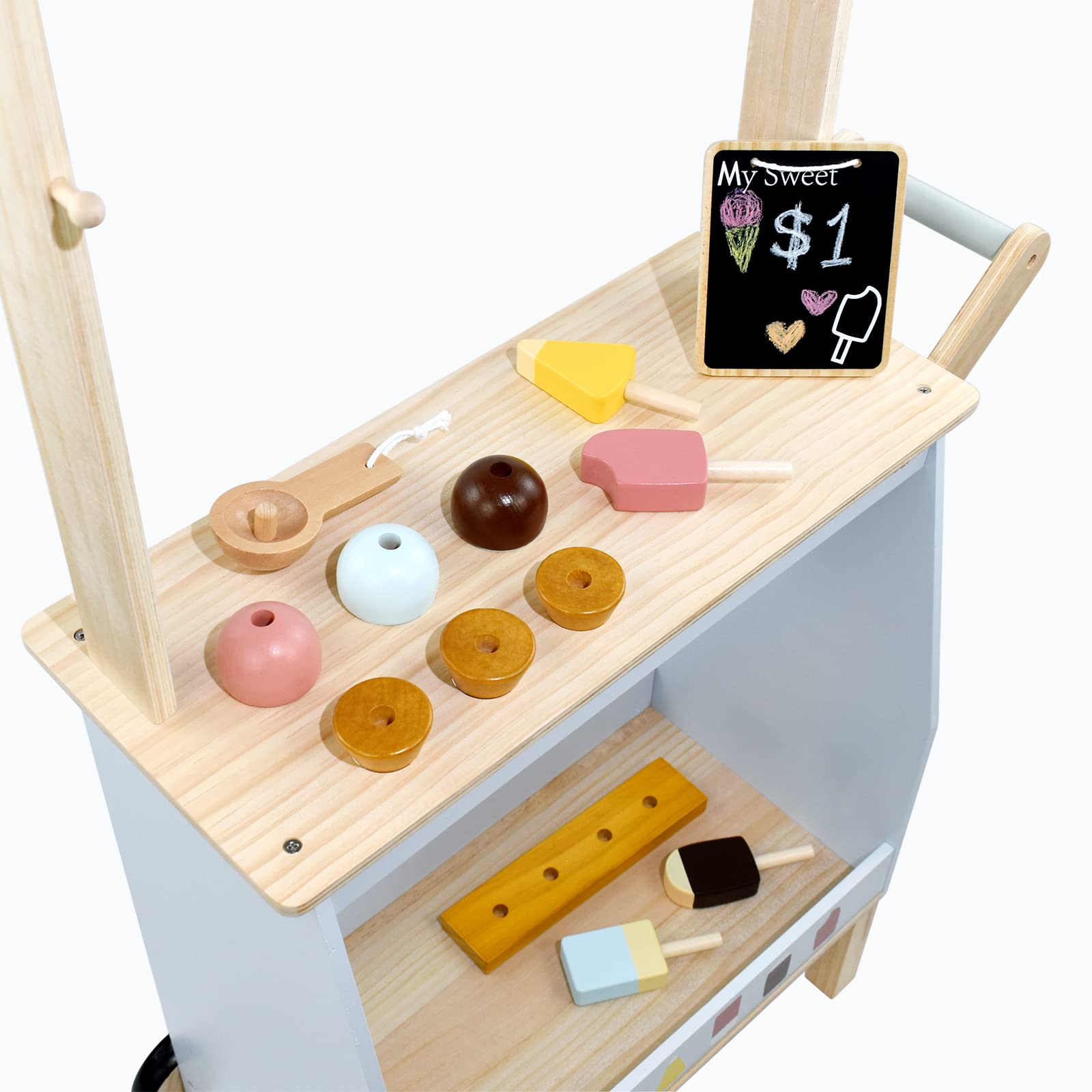 PairPear ice cream menu board close-up shows kid-friendly ordering during pretend shopping