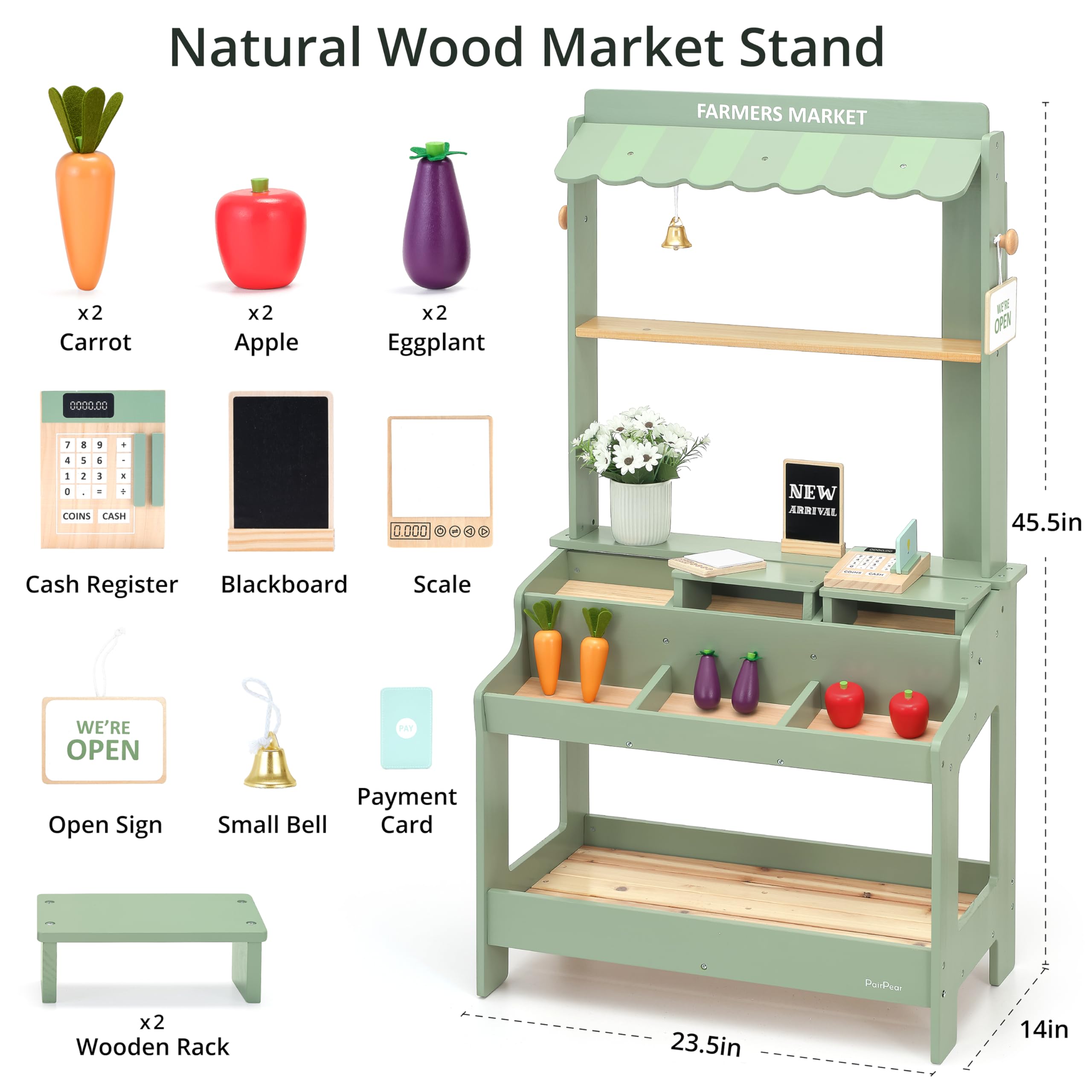 PairPear wooden racks organize pretend groceries during play.