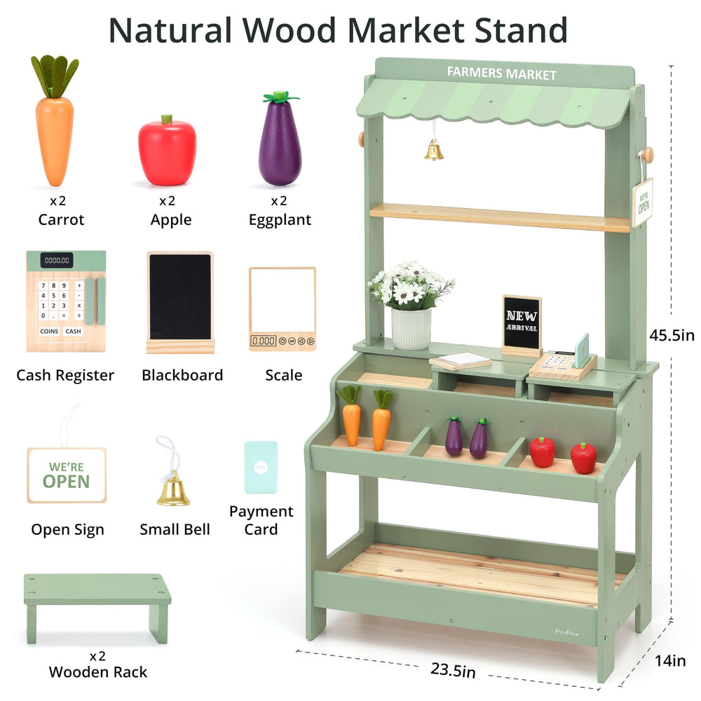PairPear wooden racks organize pretend groceries during play.