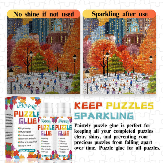 Paistely puzzle glue creates a transparent gloss to enhance puzzle colors.