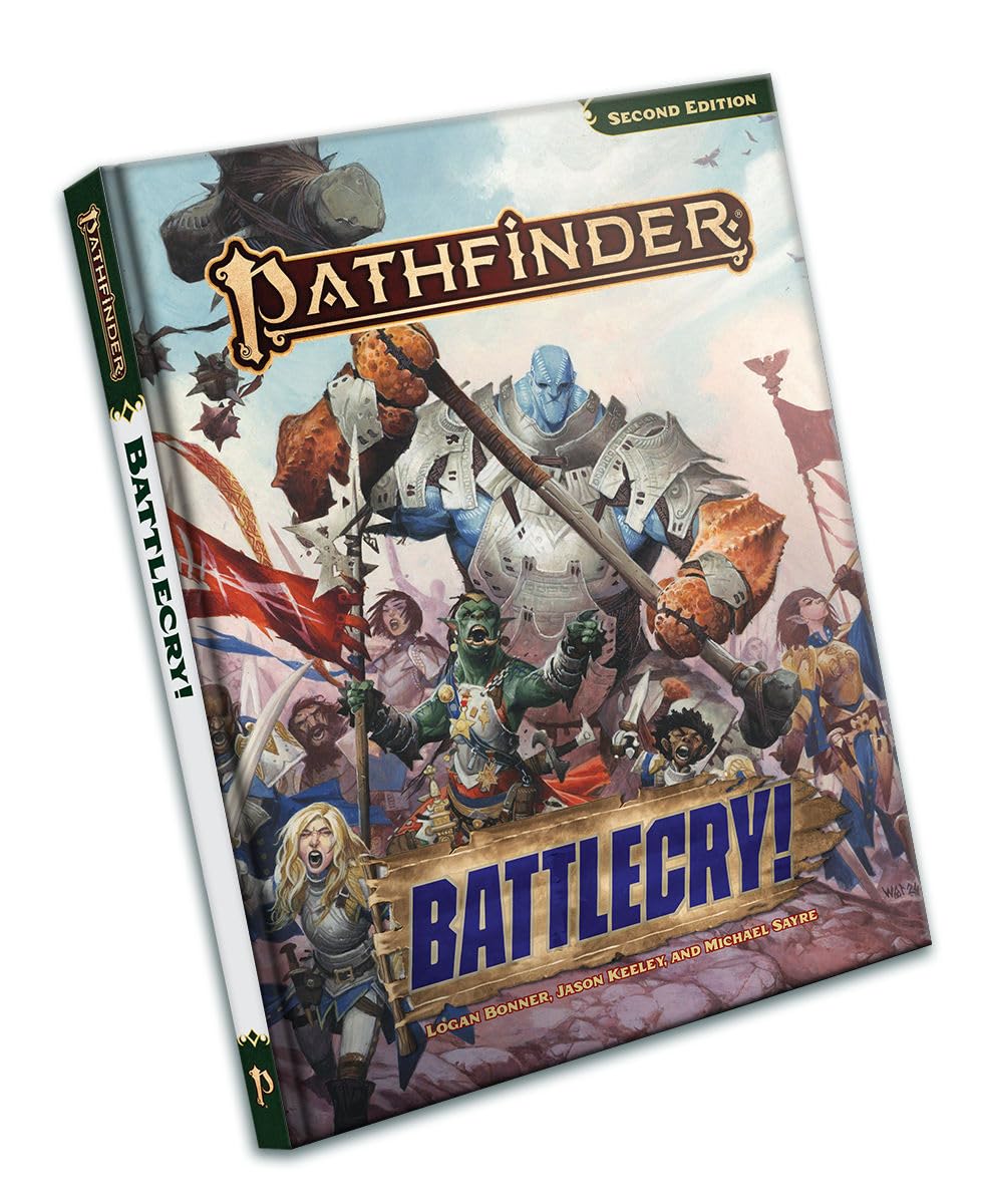 Paizo Pathfinder Battlecry hardcover cover highlighting epic warfare rules for 2nd edition campaigns.